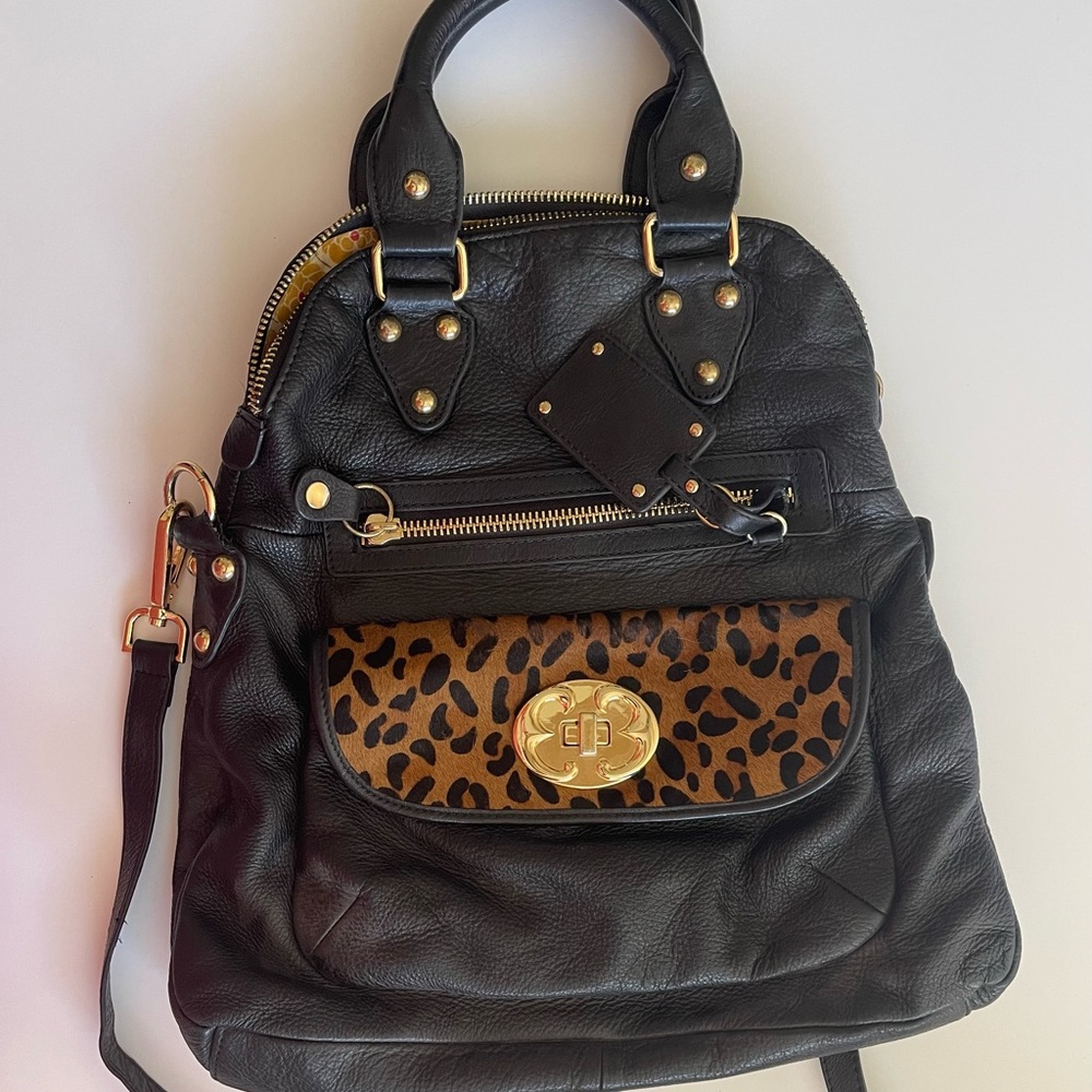 Emma Fox black leather leopard handbag